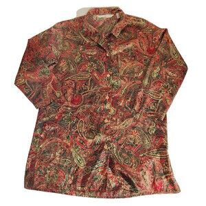 Victorias Secret Night Shirt Womens Sz S Button Up Satin Paisley Red Green Vtg